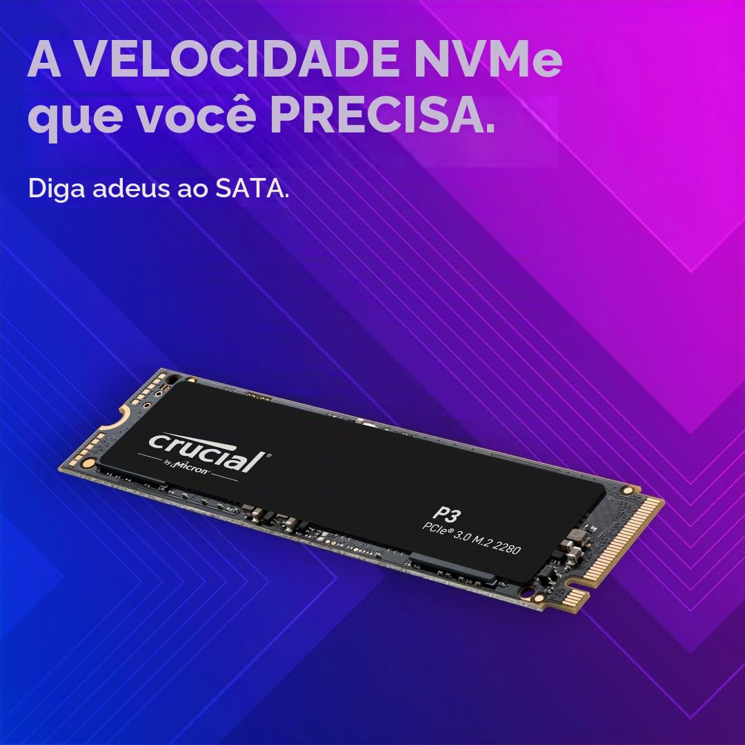 SSD Crucial P3 500GB NVMe M.2 2280 (Leitura até 3500MB/s e